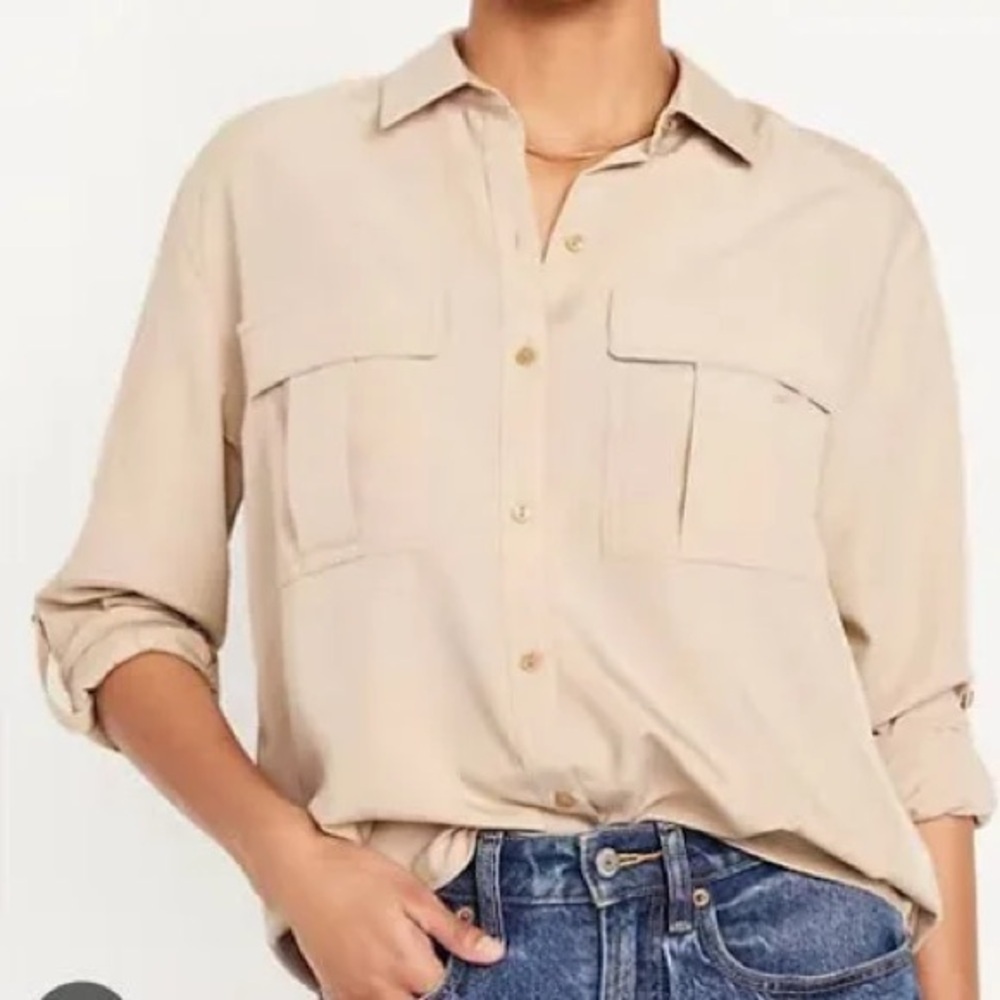 Women's Old Navy Button-Down Utility Shirt in a beige color